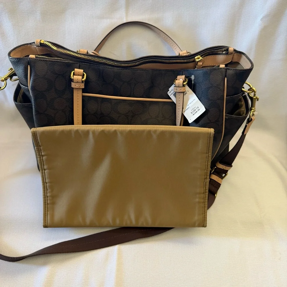 Coach Brown Signature Baby Bag with Tan Trim and Red Tag